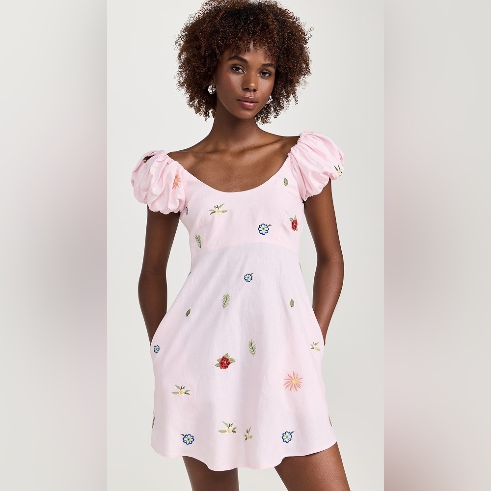 NWT Fanm Mon Gladys Linen Midi Dress pink backless tie back size XL embroidered